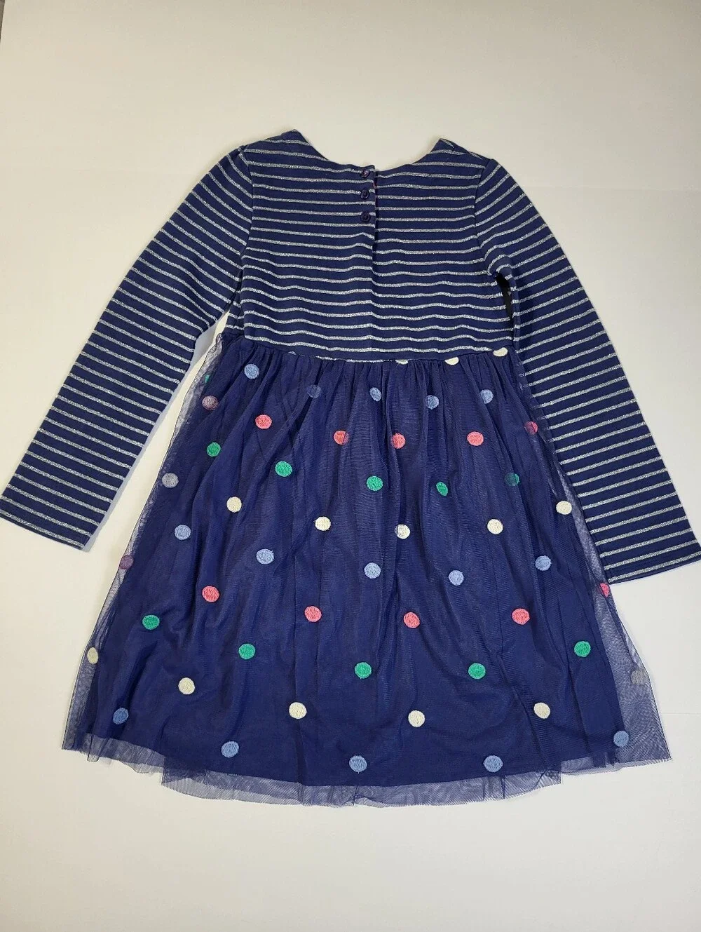 Mini Boden Jersey Tulle Long Sleeve Dress Polka Dots Navy Blue Stripes sz 9-10